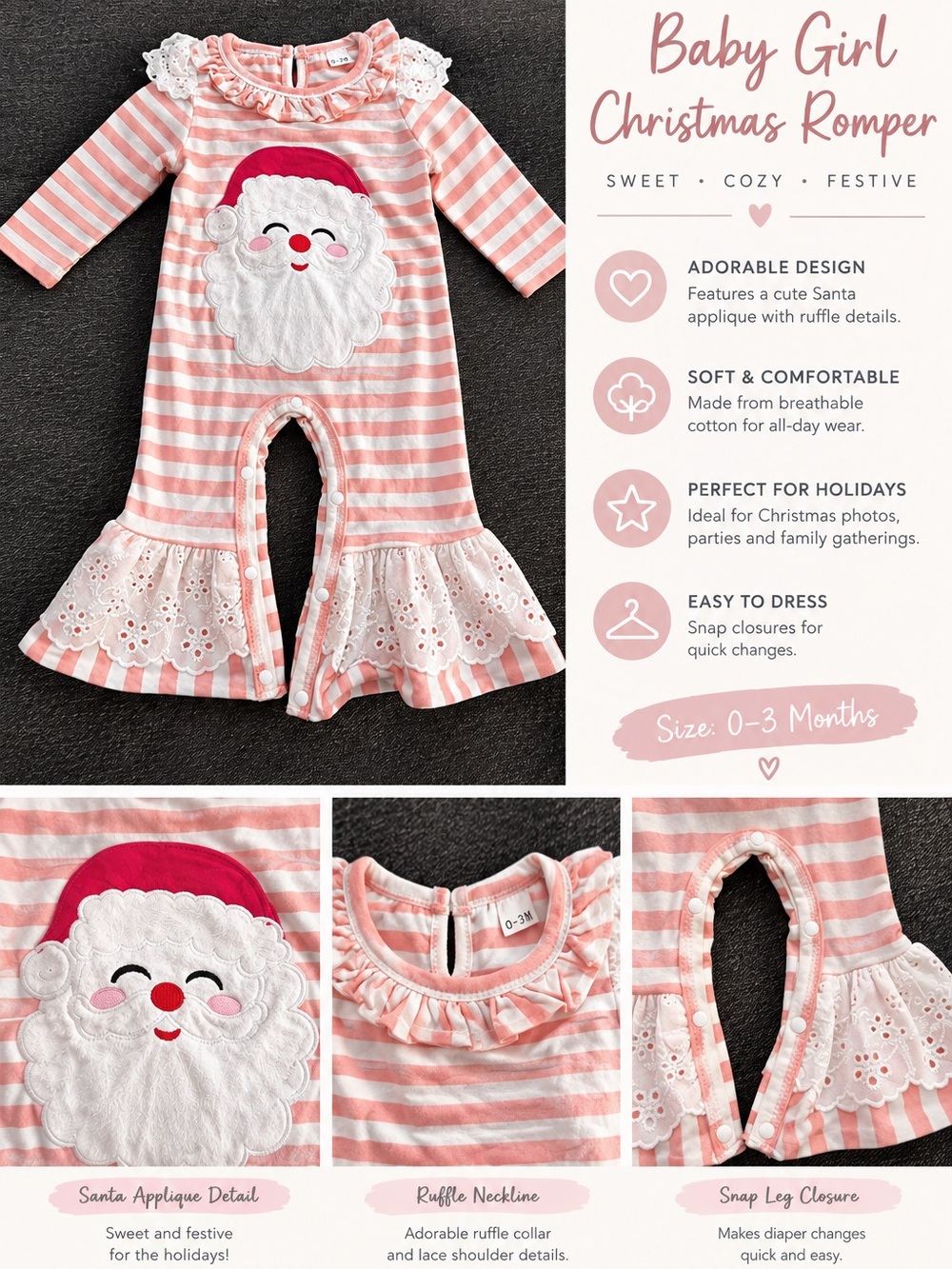 Pink Stripe Santa Applique Baby Romper — 0-3 Months